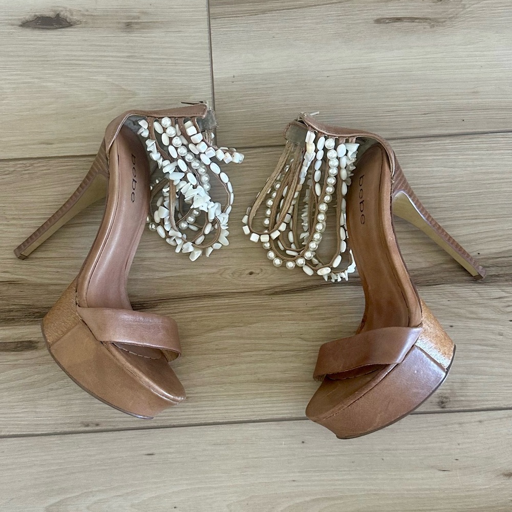 Bebe Tan Beaded Women's Heels